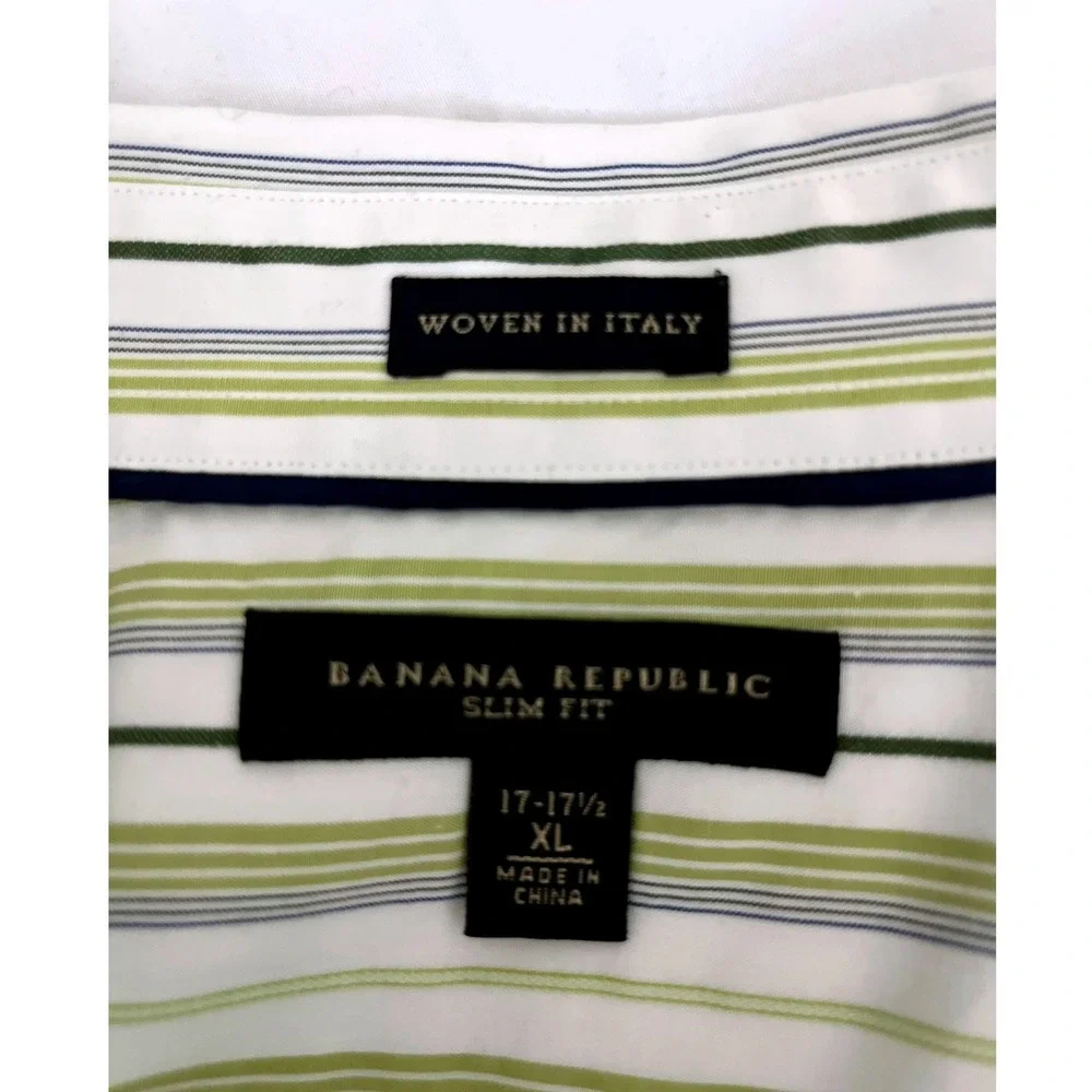 Banana Republic Preppy Slim Striped Dress Shirt Woven in Italy White Green‎ XL